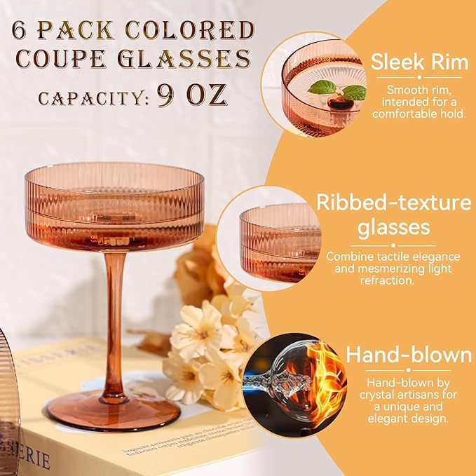 Cyrelwing 9 oz Brown Coupe glasses Set of 6-Hand Blown Venus ribbed vintage coupe glasses-Brown martini glasses for espresso dessert