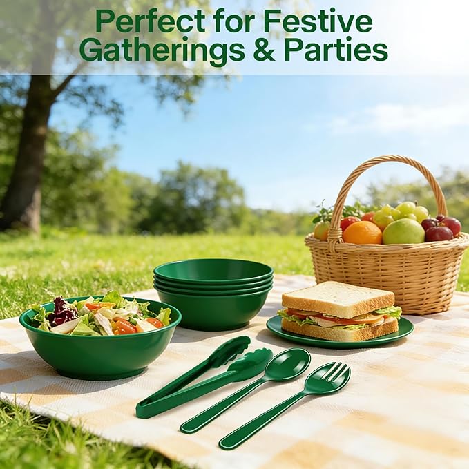 24 Pcs St. Patrick's Day Party Supplies, Plastic Serving Utensils Set 8 Tongs, 8 Spoons, 8 Forks, Heavy Duty Green Party Supplies for Buffet Holiday Restaurant Dinner Salad Noodles Soup and Daily Use