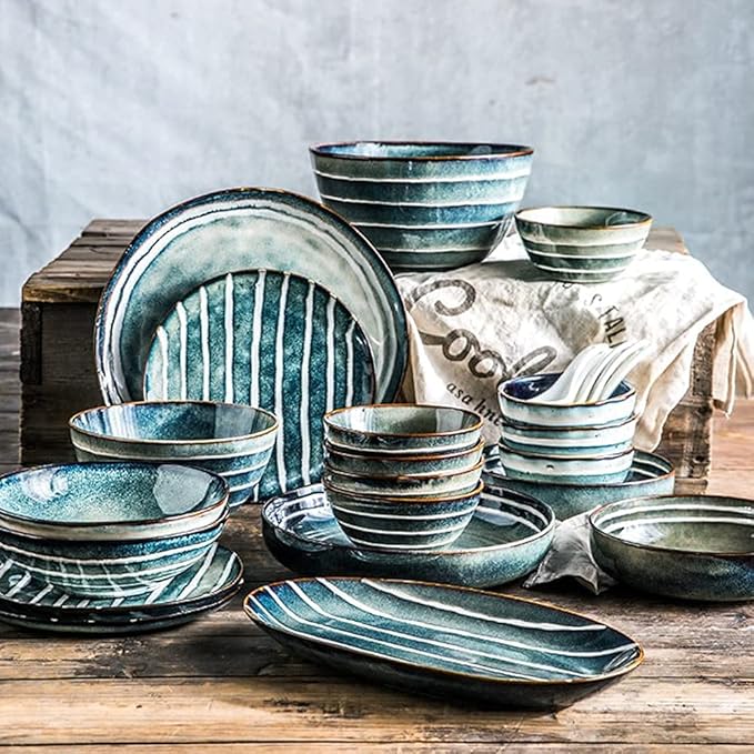 Retro Style Dinnerware Sets, Striped Art Style Plate and Bowl Sets, Japanese Ceramic Dishware Sets, Kitchen Plate Set for 4, 5, 6 People, Dishwasher and Microwave S (White 12Pcs)