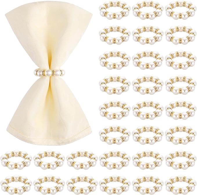 Suream 30 PCS Pearl Napkin Rings, Napkin Holders for Cloth Napkins, Elegant Table Decor for Wedding, Formal Dinners, Holiday, Party(White and Gold)
