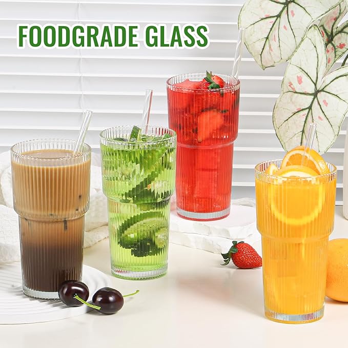 CWHHRN 20 oz Glass Cup and Straw 3 Set, Glass Tumbler with Straw, Vintage Glassware for Whiskey Cocktail Beer, Iced Coffee Cups (3 PACK)