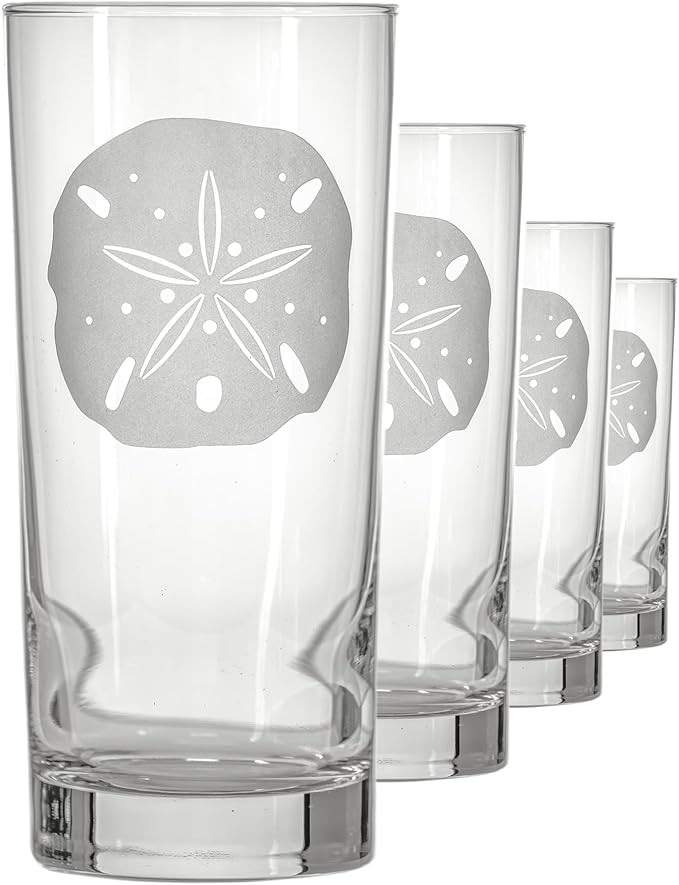 Rolf Glass Sand Dollar Highball Glass 15 ounce | Set of 4 Cooler Glasses | Lead-Free Glass | Engraved Drinking Glass with Heavy Base | Proudly Made in the USA