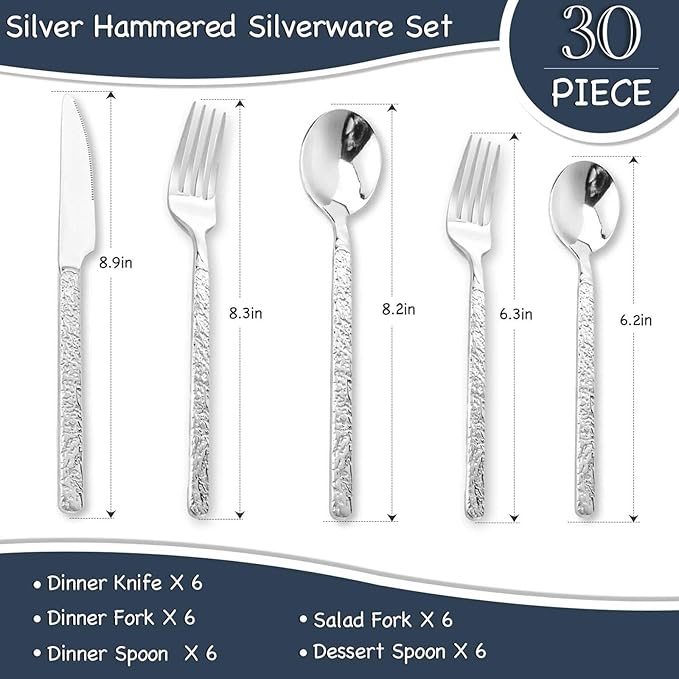 30-Piece Silver Silverware Set, Hammered 18/10 Stainless Steel Flatware Set for 6, Food-Grade Cutlery Set, Tableware Set Including Fork Knife Spoon Set,Dishwasher Safe