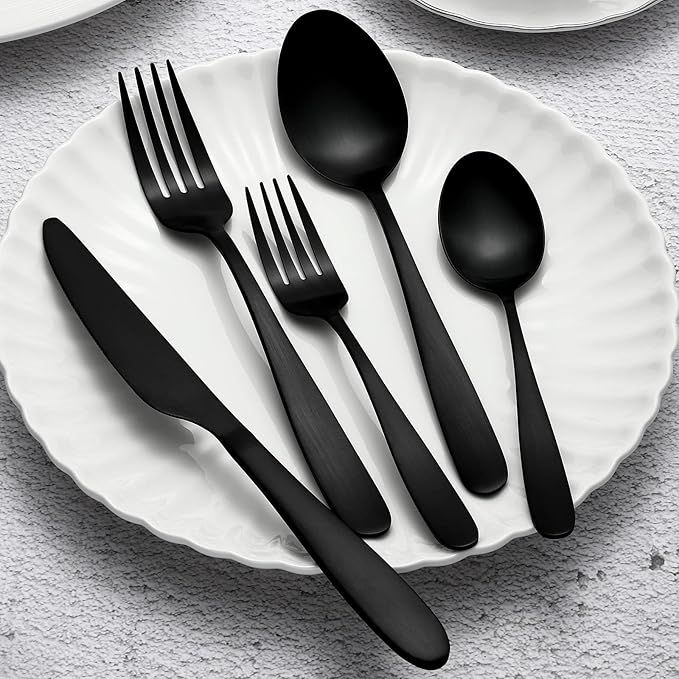 Matte Black Silverware Set for 8, Compralo 40 Pieces Black Flatware Set, Stainless Steel Tableware Cutlery Set Include Fork Spoon Knife, Kitchen Utensil Sets for Home and Restaurant