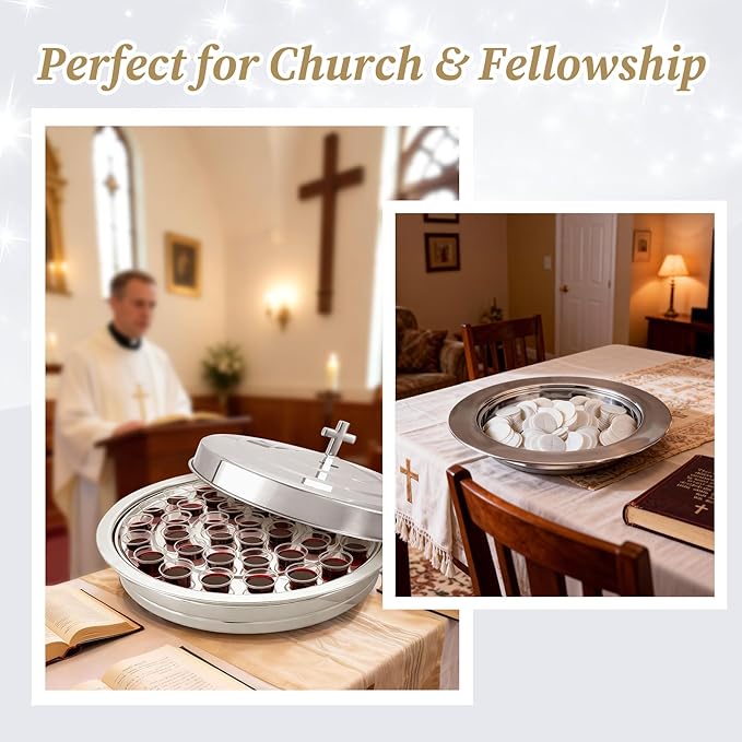 Stainless Steel Communion Tray Set for Church – 2Pcs Communion Wine Tray with 1 Lid & 1Pcs Bread Plate with Lid, Includes 100 Disposable Cups, Cups Filler