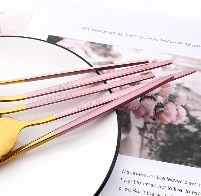 30-Piece Snplowum Mirror Flatware Serving Set, 18/0 Stainless Steel Dinnerware With Pink Handle, Modern Durable Home Kitchen Eating Tableware Set Service For 6 (Pink Gold)