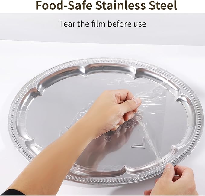 6 Pcs Large Silver Serving Tray Set, Stainless Steel Oval Floral Engraved, 15.7X11.8 in, Polished for Parties & Events