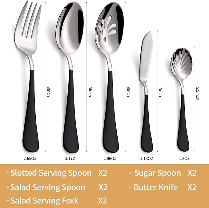10 Pieces Black Serving Set, 18/0 Stainless Steel Hostess Set, Slotted Serving Spoon, Salad Serving Spoon/Fork, Butter Knife, Two Color Combinations, Dishwasher Safe
