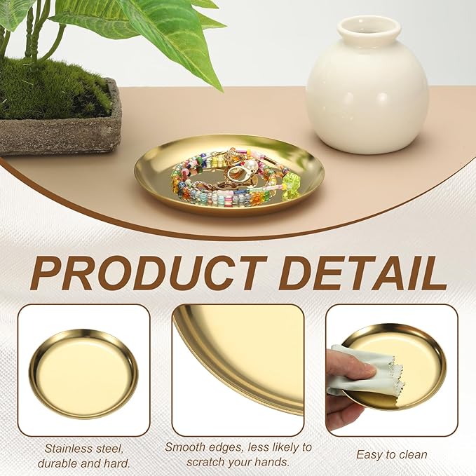 uxcell Round Serving Trays, 3.94" Stainless Steel Decorative Jewelry Dish, Small Vanity Tray for Bathroom Aromatherapy Candle Drink Plate,Gold