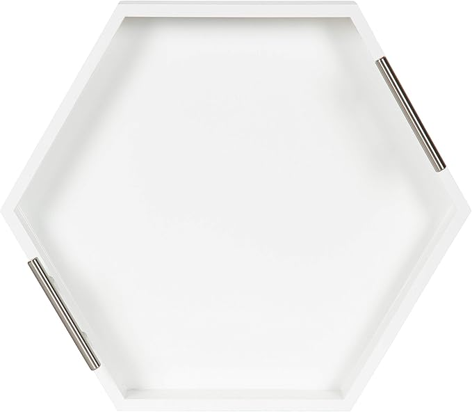 Kate and Laurel Lipton Modern Hexagon Tray, 18 x 18, White and Silver, Decorative Tray for Storage and Display