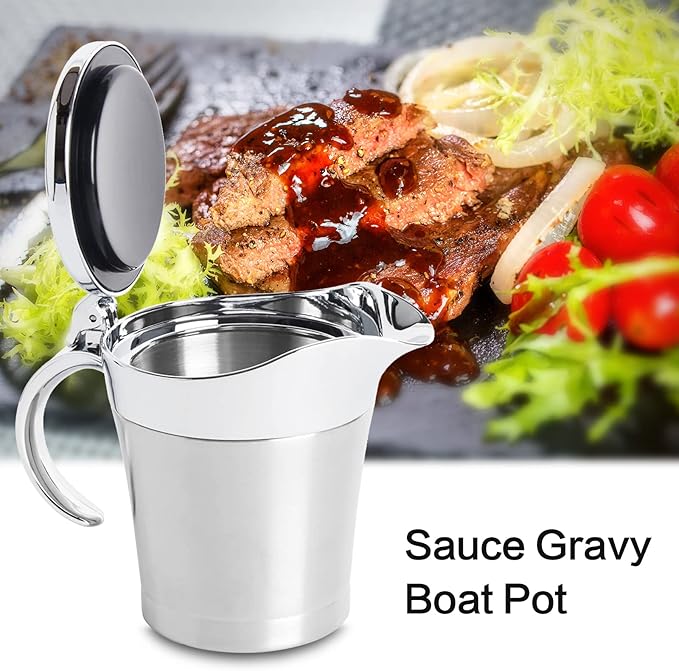 Gravy Boat Stainless Steel Double Insulated Sauce Jug with Hinged Lid, Perfect for Serving Jars of Gravy or Cream for Thanksgiving, Halloween, Christmas (450ML-16oz -Sliver）