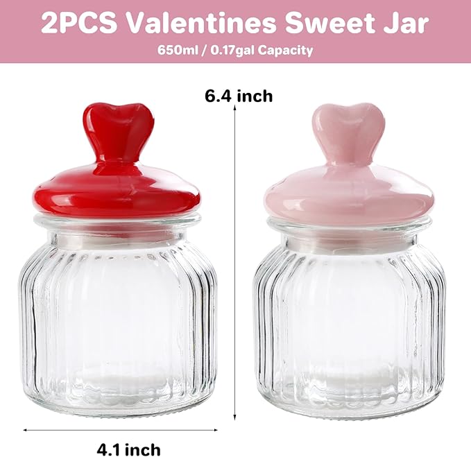 Valentines Day Decorations -2 PCS Glass Jars with Ceramic Heart Lid-Valentines Glass Storage for Chocolate Candy Sweets Gift Table Party Centerpieces Decor