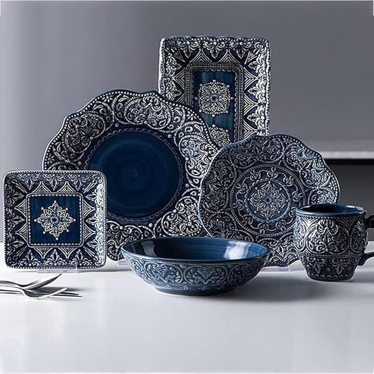 Kitchen Tableware Set,Ceramics Dinnerware Sets, Plates and Bowls Sets | 12 Pcs Blue Underglaze Dishes Set - Mexican Dinnerware for Restaurant Family