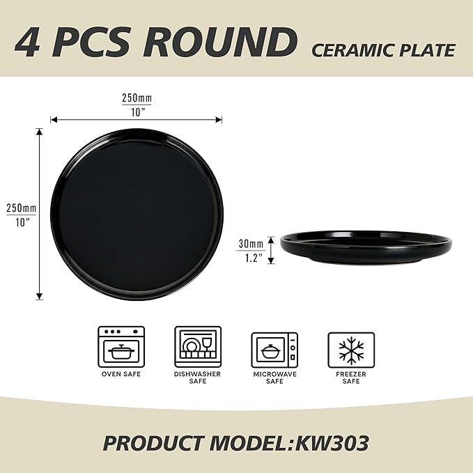 Black Dinner Plates Set of 4,Ceramic Dining Plates 10 Inch,Large Salad Plate,Stoneware Kitchen Plate for Pizza,Steak,Scratch Resistant,Microwave and Dishwasher Safe