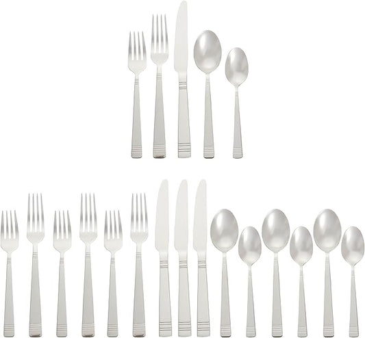 Amazon Basics Silverware, 20-Piece Stainless Steel Flatware Set, Dishwasher Safe, Service for 4, Bistro
