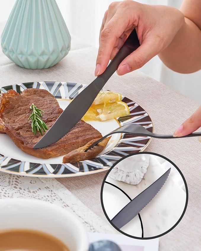 36-Pieces Matte Black Silverware Set with Steak Knives,Stainless Steel Flatware Set for 6,Modern Cutlery Utensils Set,Spoons and Forks Set for Restaurant,Dishwasher Safe