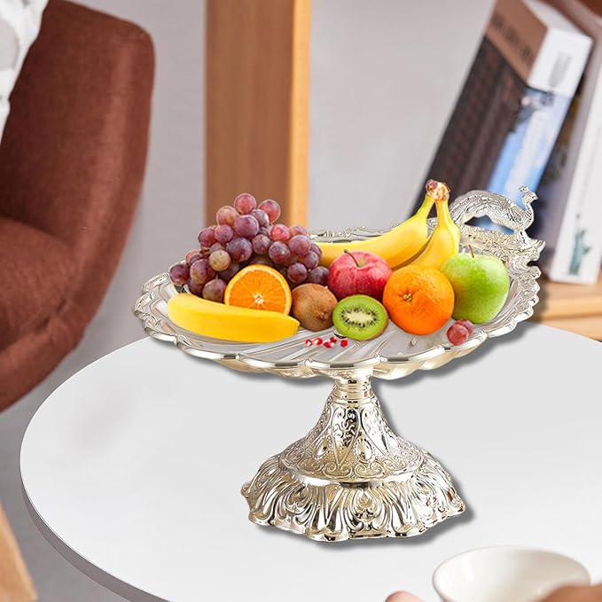 Fruit Plate Vegetable Holder with Base Decor Container Stand for Kitchen Counter Home Bread Snacks Serving Tray- Silver