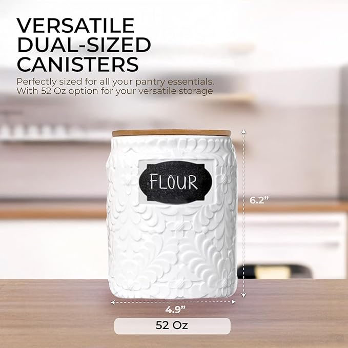 Ceramic Canister for the Kitchen (52oz/1537ml) – Airtight Kitchen Counter Storage with Bamboo Lids, Decorative Flour Sugar Coffee Jars for Pantry & Home