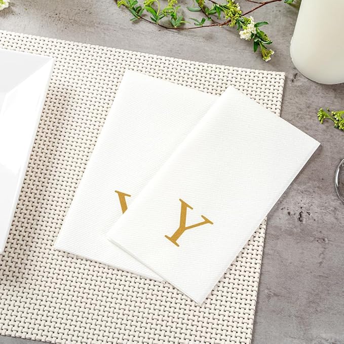 Luxenap 15.8 X 7.9 Inch Linen-Feel Guest Towels, 50 Lettered Hand Towels - Gold Letter 'Y', Sans Serif Font, White Paper Dinner Napkins, airlaid, For Restrooms And Tables - Restaurantware