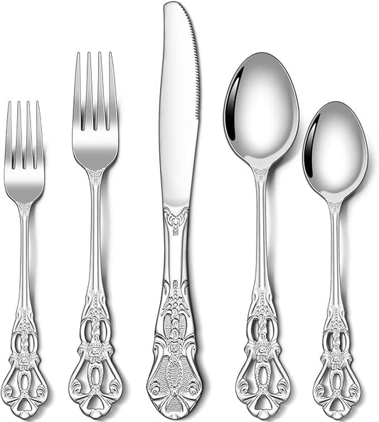 30-Piece Silverware Set for 6, Ollex Retro Royal Flatware Set with Stainless Steel Fork Spoons and Knives Vintage Utensils Set Mirror Polish Tableware Cutlery Set, Dishwasher Safe