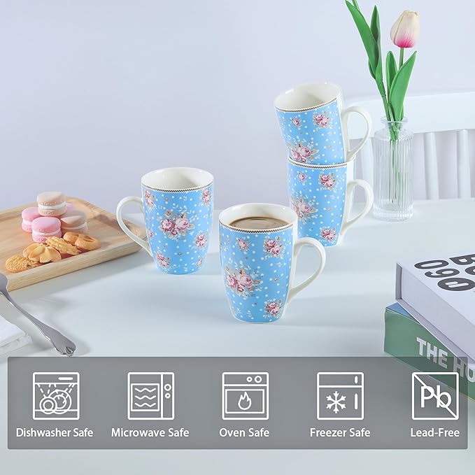 fanquare 10 Ounce Blue Floral Polka Dot Mug Set of 4, Ceramic Coffee/Tea Mugs with Pink Flower Pattern, Cute Drinkware for Home Office, Microwave & Dishwasher Safe