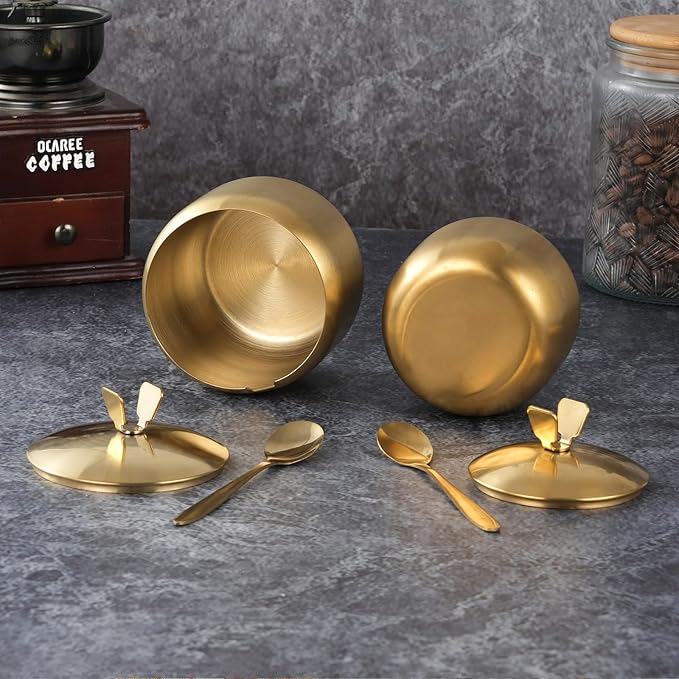 12oz Sugar Bowl with Lid and Spoon Stainless Steel Condiment Container for Kitchen Ghee Container Coffee Table Gold Spice Jars for Seasoning