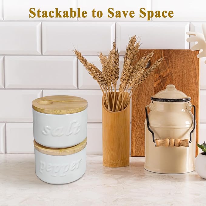 Salt Cellar with Lid and Spoon, 16 OZ Airtight Salt Container for Countertop, Ceramic Storage Container for Spices, White