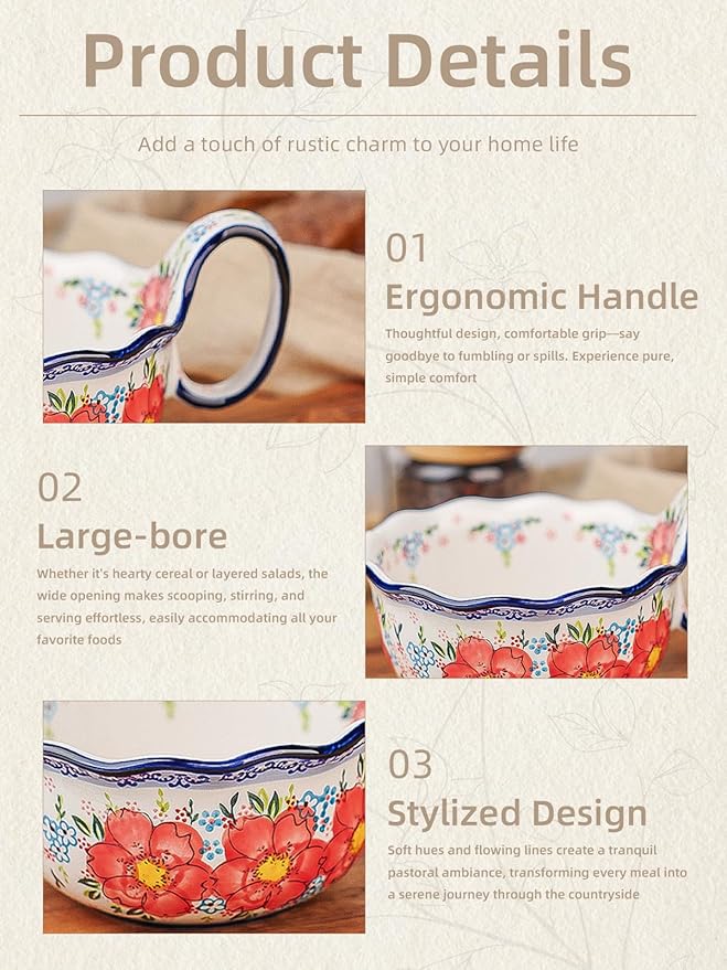 silesia Handmade Ceramic Soup Bowl, 30 oz Hand Painted Bowl with Loop Handle, Floral Design Cereal Bowl for Soup, Ice cream, Snack, Microwave & Dishwasher Safe (Flowers Pink)