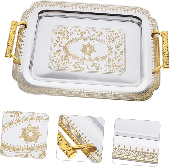 Garneck 1pc Creative European Plate Serving Tray Vintage Double Handle Buffet Tray for Home Parties and Restaurants Easy to Clean Gold Pattern for Cakes and Fruits