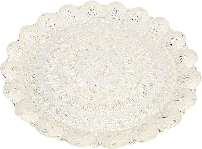Firlar Round Metal Tray for Home Decor, Turkish Tea Coffee Serving Tray Vintage Style Embossed Pattern Round Coffee Plate for Table Decor Bar Outdoor(Silver)