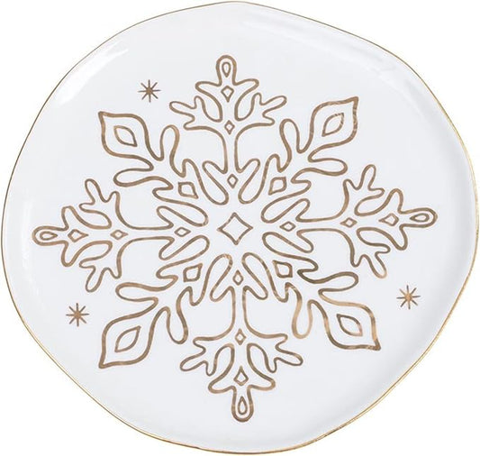 Santa Barbara Design Studio 4-Piece Christmas Appetizer Plate Set White Ceramic Small Plates, 6" Diameter, Gold Foil Snowflake