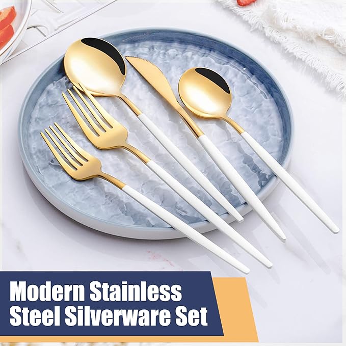 40 Piece White Gold Silverware Set,Stainless Steel Flatware Cutlery Set Service for 8 Including Forks Spoons Knives,Utensil Set,Tableware for Home and Restaurant, Dishwasher Safe