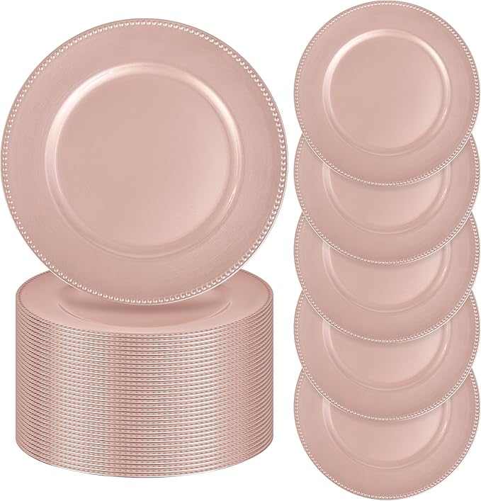 fani 50 Pcs Rose Gold Charger Plates Bulk, 13'' Round Beaded Dinner Charger Plates, Plastic Reusable Vintage Table Decoration for Wedding, Party, Reception, Event, Holiday Supplies