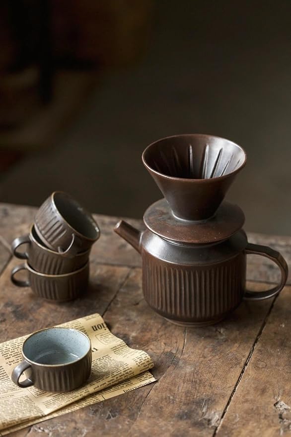 Ceramic Pour Over Coffee Maker, Retro Hand Drip Coffee Dripper, Portable Pourover Cone Filter Coffee Brewer for Camping, Travel, Office, Family, Single Serve, Antique Copper Brown