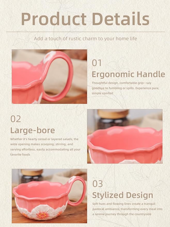 silesia Handmade Ceramic Soup Bowl, 30 oz Hand Painted Bowl with Loop Handle, Floral Design Cereal Bowl for Soup, Ice cream, Snack, Microwave & Dishwasher Safe (Pink)