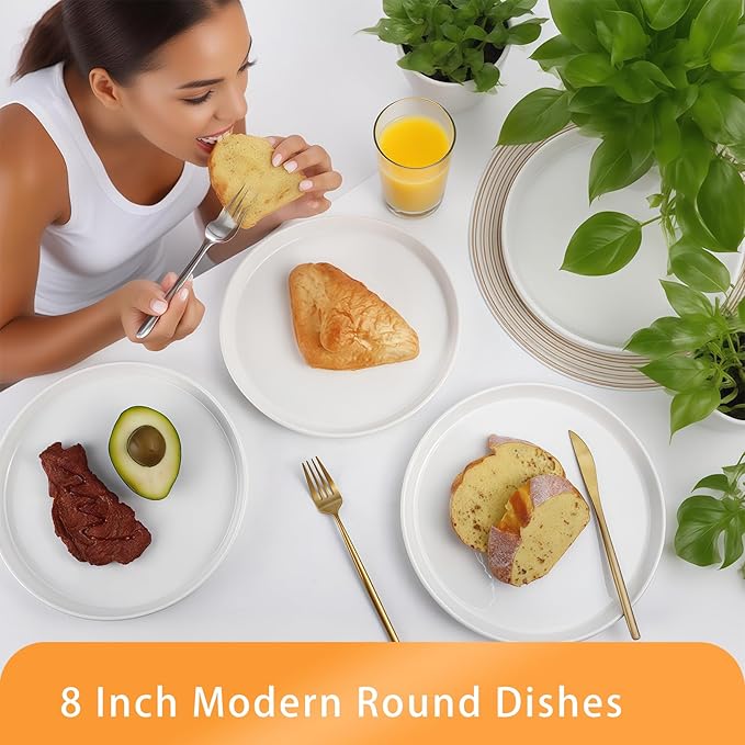 White Dinner Plates Set of 6, 8 Inch Porcelain Dessert Plates, Ceramic Appetizer Plate, White Round Salad Plate, Microwave & Dishwasher Safe, Scratch Resistant