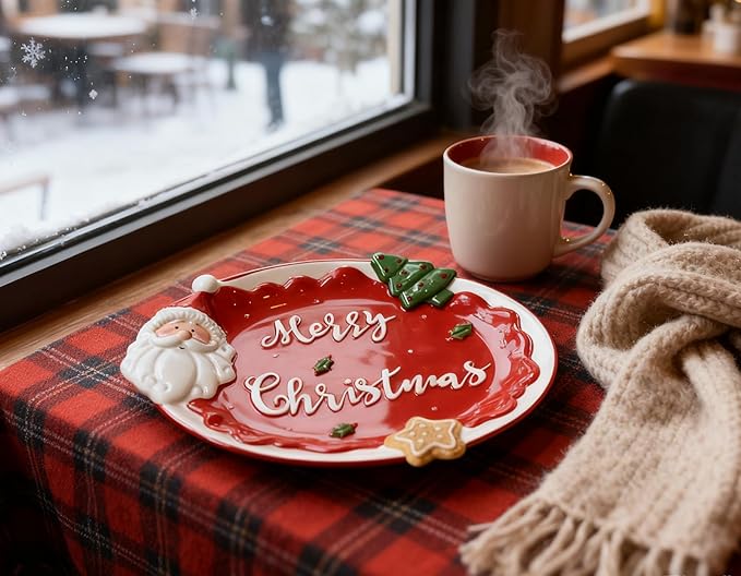 Red Oval Xmas Snacks Appetizer Trays Sets, Christmasman Dessert Porcelain Serving Dishes, Snack Platter, Food Cereal Salad Bowl, Christmas Santa Claus High Relief Ceramic Plate - Red
