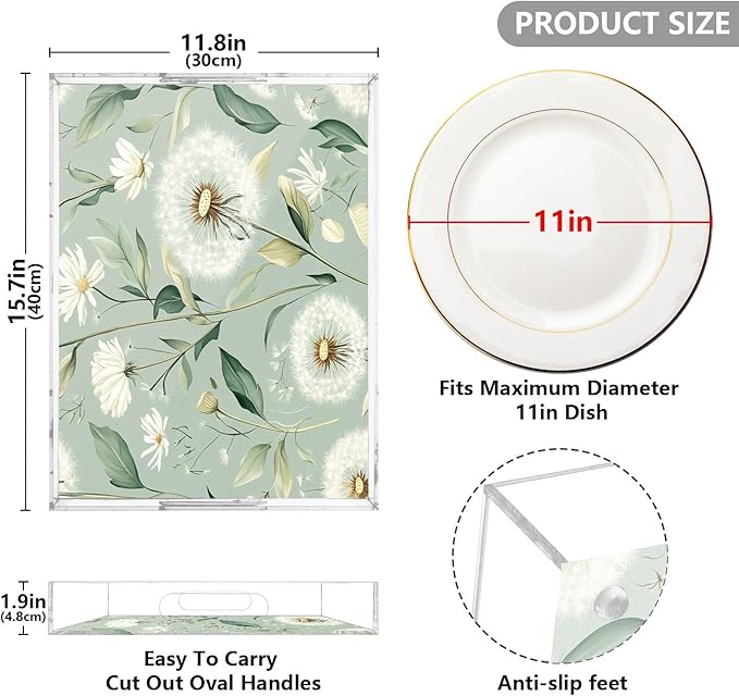 Serving Tray with Handles Clear Acrylic Tray 12x16 Inch Decorative Rectangular Tray Organizer for Ottoman Coffee Table Bathroom Sage Green Dandelion