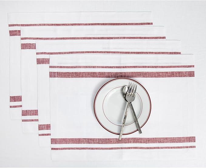 Solino Home Striped Linen Placemats Set of 4-100% Pure Linen Burgundy and White Place Mats 14 x 19 Inch for Christmas, Holiday, Winter, New Year - French Stripe