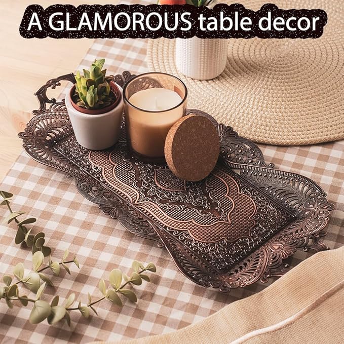 Small Antique Turkish Tea Coffee Serving Tray Table Decor Decorative Handles - Antique Moroccan Home Kitchen Rustic Copper Farmhouse Brass Rectangular Bar Arabic Fancy Candle Vintage Decor Style Tray
