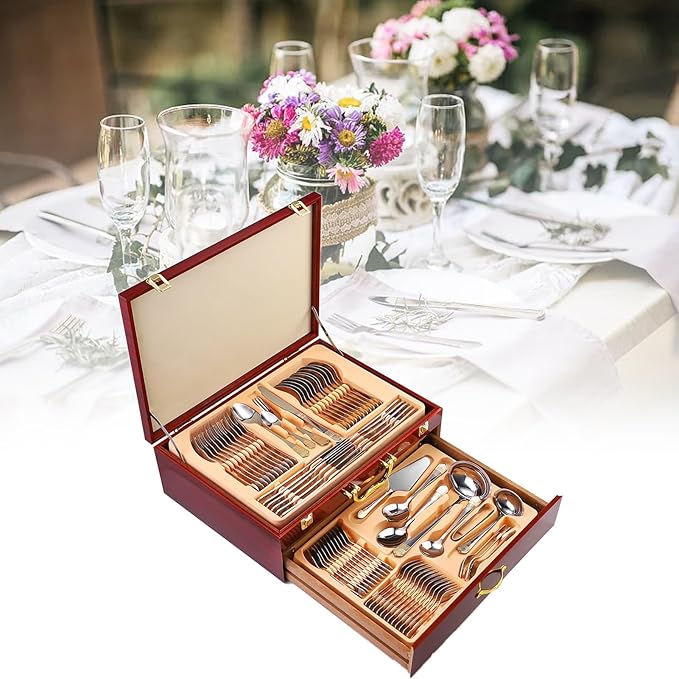 72/84 pcs Luxury Flatware Set with Gold Accents, Gold Flatware Serving Set for 12 for Formal Events, Parties, Tablewar in a Wooden Storage Case Chest(B,72pcs)