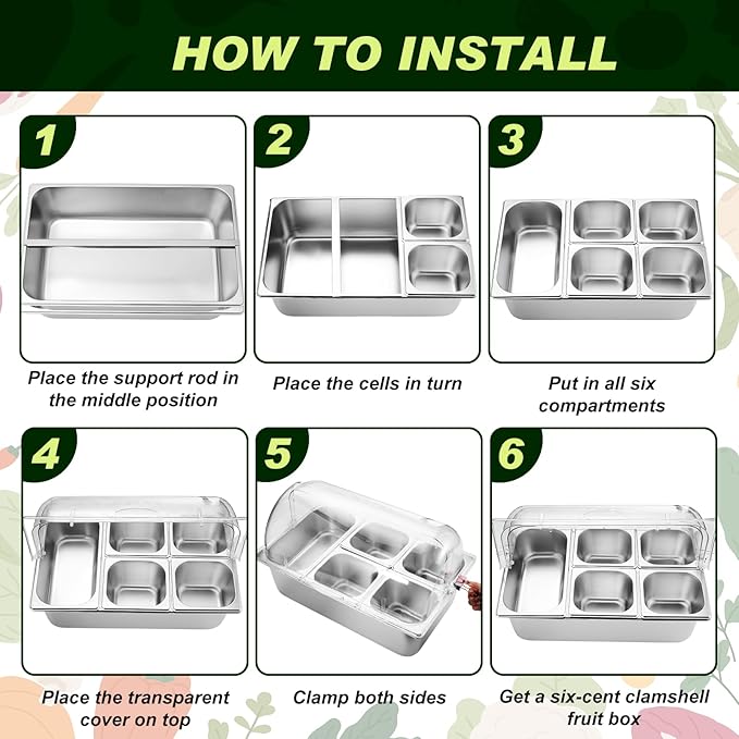 Tessco for you 16 Pcs Ice Food Spice Serving Display Countertop Chilled Condiment Container Set with Lid, Stainless Steel Salad Cold Caddy for Buffet Restaurant Kitchen Party(5 Compartments)