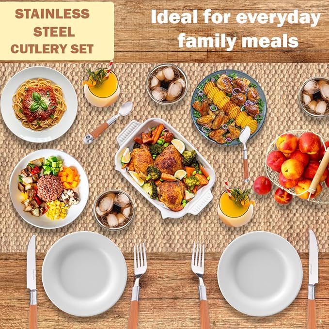 24 Pcs Stainless Steel Cutlery Set with Cutlery Rack, Eating Tableware Set Service for 6, Durable Flatware Set for 6 Includes Knifes, Forks & Spoons for Kitchen and Home