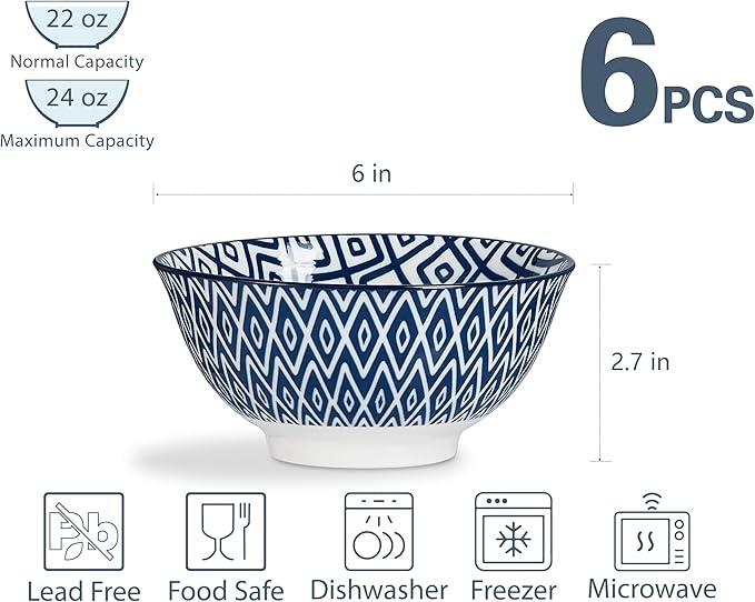 ONEMORE 20 oz Ceramic Cereal Bowls Set of 6, Porcelain Dinner Bowls for Soup, Dessert, Ice Cream - Microwavable, Dishwasher & Oven Safe, Large Kitchen Bowl, Scratch Resistant - Vintage Blue & White