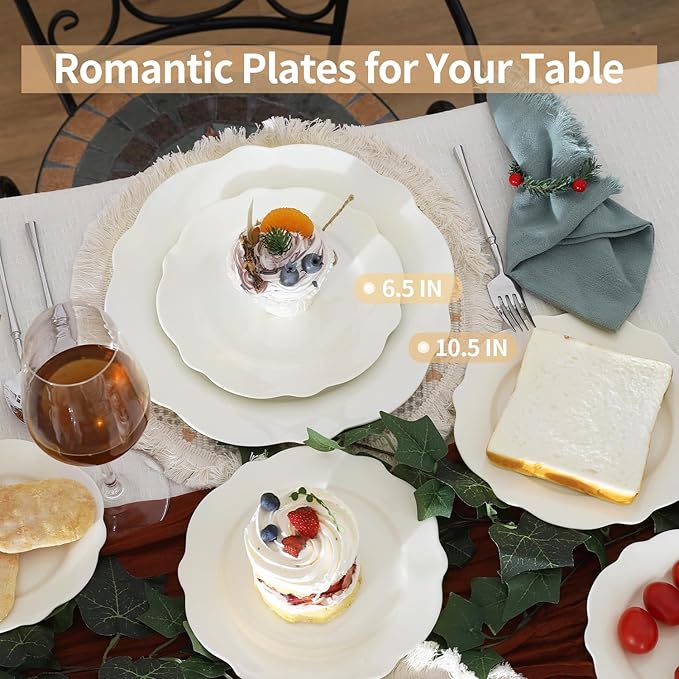 7.5 Inch Ceramic Dessert Plates Set of 12, White Leave Wave Rim Porcelain Appetizer Plate, Small Dinner Serving Plates for Cake, Salad, Side Dishes, Snacks, Oven and Dishwasher Safe