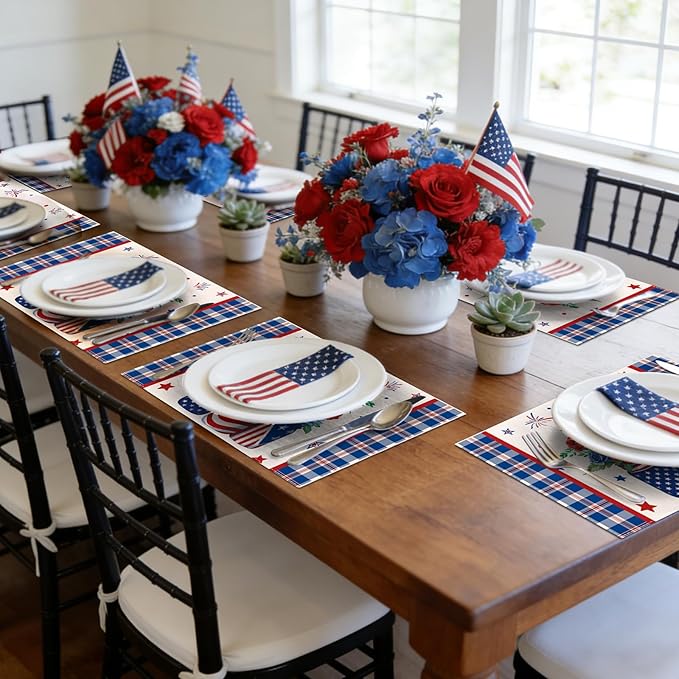 comfoyar Buffalo Plaid Patriotic Placemats Set of 4, 12x18 Inch Non-Slip Linen 4th of July Place Mats, Washable Absorbent Independence Day Flower Table Mats for Kitchen Dining Party Table Decoration