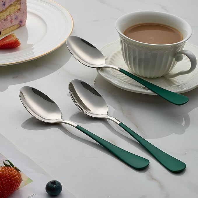 green Dinne spoons Set 12 Piece,Green Handle Silverware 18/0 Stainless Steel Flatware Bulk7.3-inch Dessert Spoons Sets Table of 12,Mirror Finished Dishwasher Safe