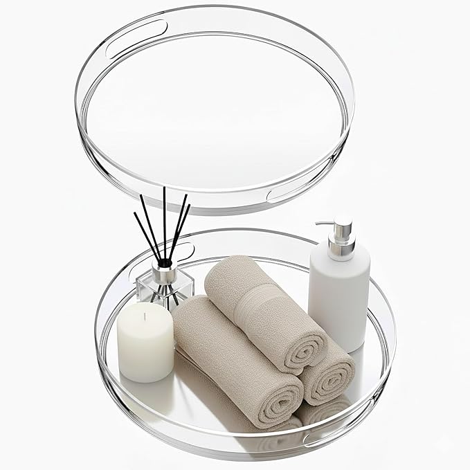 Amazing Abby - Sultana - 2-Pack Acrylic Vanity Tray (12" Dia.), Plastic Bathroom Countertop Organizer, Round Coffee Table Tray, Clear Dish for Home Decor, Great for Makeup, Perfume, Jewelry, and More