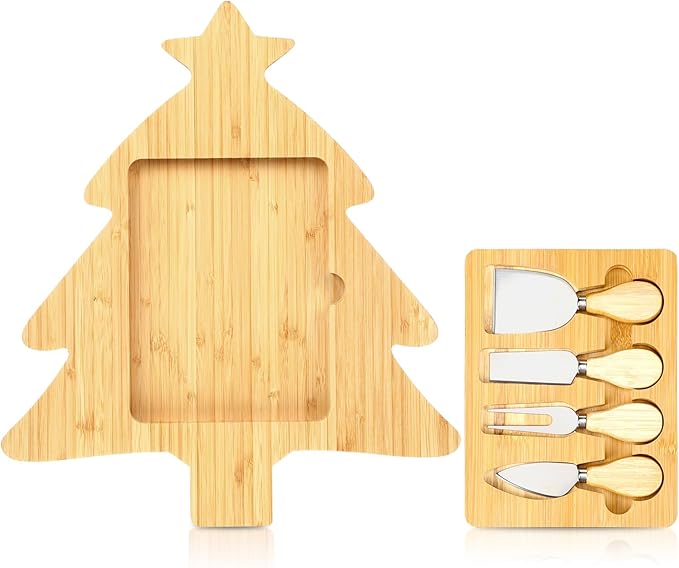 Remerry Christmas Bamboo Cutting Board Tray and Knife Set Xmas Tree Serving Tray Christmas Serving Dishes Charcuterie Board Platter Food Plate for Cheese Fruit Dessert Kitchen Party Gift Supplies