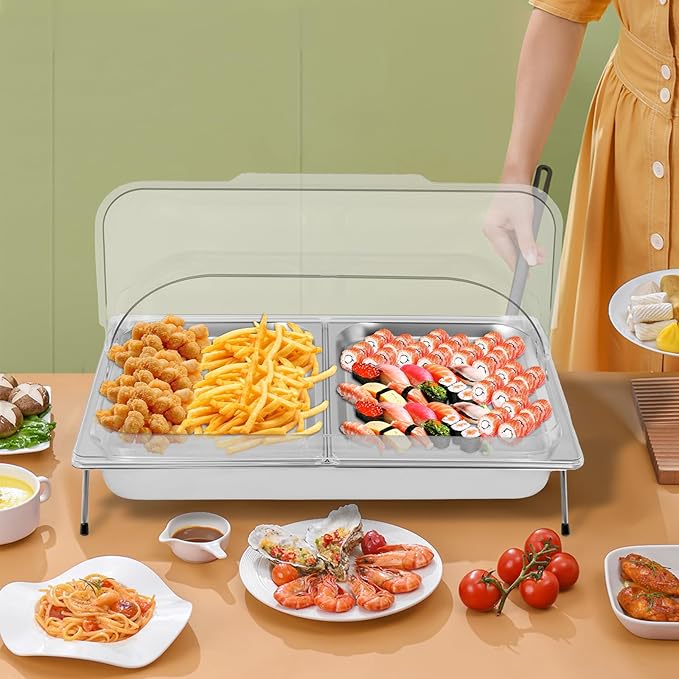 Silver Countertop Food Serving Display Container, 0.79Gal Stainless Steel Catering Supplies Buffet Display, Salad Fruit Trays Restaurant Containers with Lids (2 Pan-with 4 Non-slip Feet)